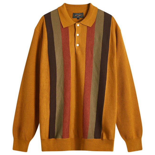 Beams Plus long-sleeve stripe knit polo shirt