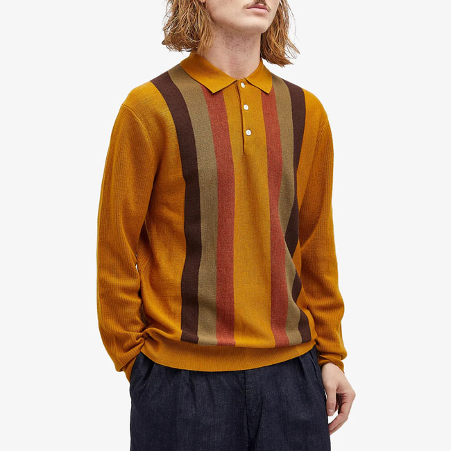 Beams Plus long-sleeve stripe knit polo shirt