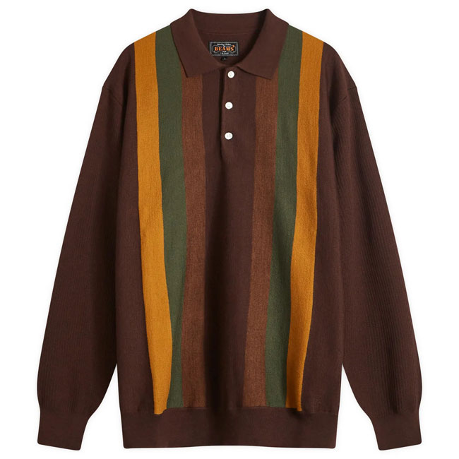 Beams Plus long-sleeve stripe knit polo shirt